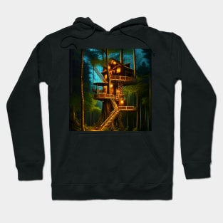 Magical Cottage Tree House with Lights in Forest with High Trees, Scenery Nature Hoodie